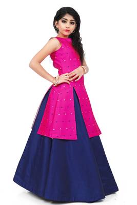 Kids Rani Pink Indo With Blue Plain Lehenga For Girls  3