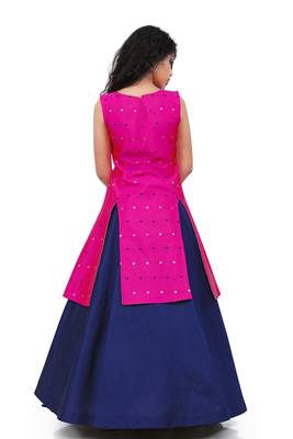 Kids Rani Pink Indo With Blue Plain Lehenga For Girls  4