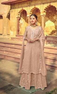 peach embroidered georgette semi stitched salwar with dupatta 1