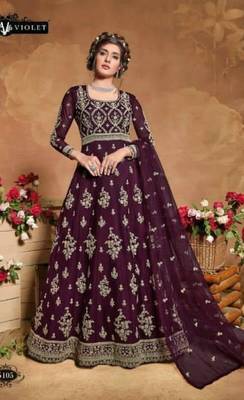 purple embroidered net semi stitched salwar with dupatta 1