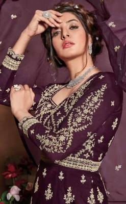 purple embroidered net semi stitched salwar with dupatta 2