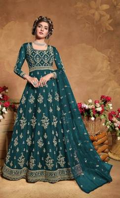 turquoise embroidered net semi stitched salwar with dupatta 1