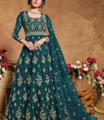turquoise embroidered net semi stitched salwar with dupatta