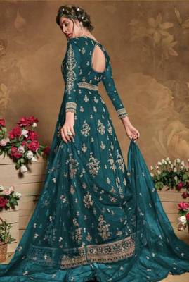turquoise embroidered net semi stitched salwar with dupatta 2