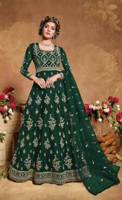 green embroidered net semi stitched salwar with dupatta 1