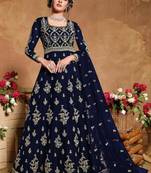 blue embroidered net semi stitched salwar with dupatta