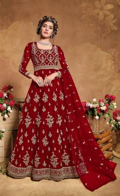 red embroidered net semi stitched salwar with dupatta 1