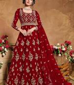 red embroidered net semi stitched salwar with dupatta