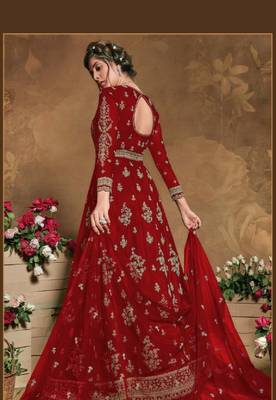 red embroidered net semi stitched salwar with dupatta 2