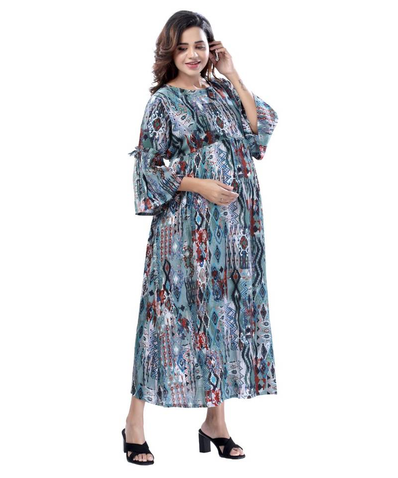 Fab  Green Printed Maternity Dress For Women
