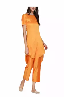 orange cotton long kurti set