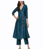 Turquoise plain rayon long-kurtis