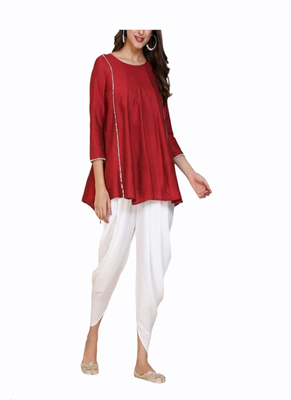 red silk kurti with dhoti pant set 1