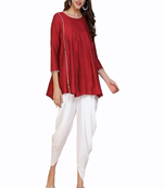 Red plain silk long-kurtis