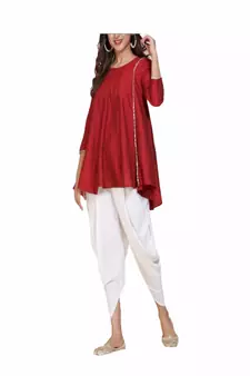 red silk kurti with dhoti pant set