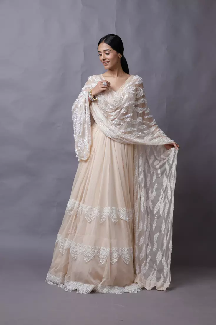 PEACH TULLE LEHENGA WITH SHELL SIPPY WORK ALL OVER EMBROIDER DUPATTA IN LEAF PATTERN