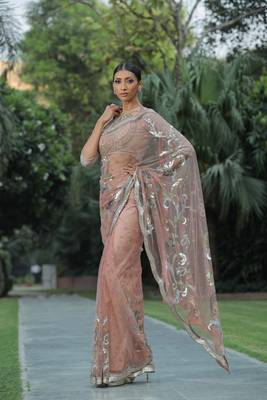 Peach embroidered saree 2