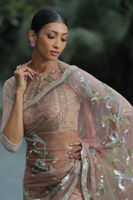 Peach embroidered saree 3