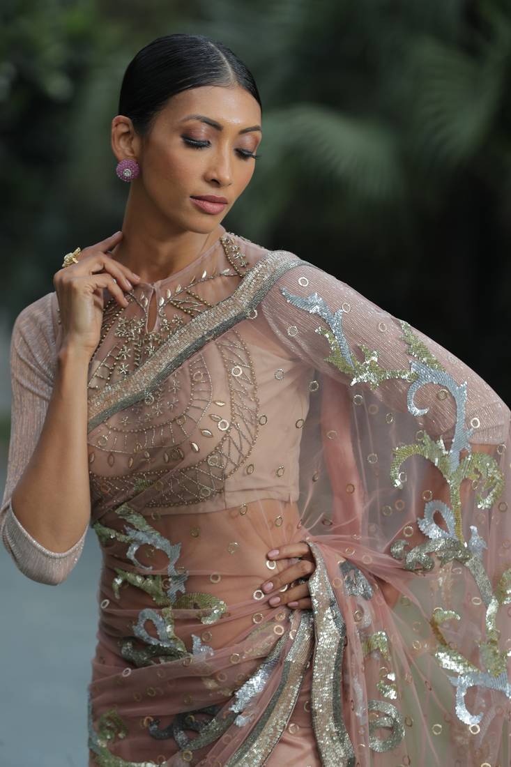 Peach embroidered saree