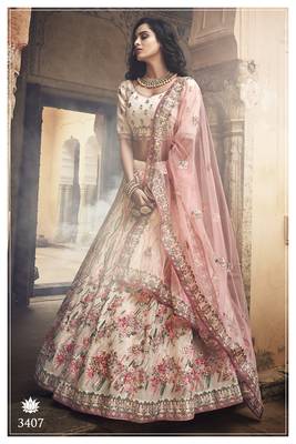 Off-white embroidered organza semi stitched lehenga 1