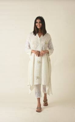Woven dot khadi cream crepe hand embroidered kurta set 1