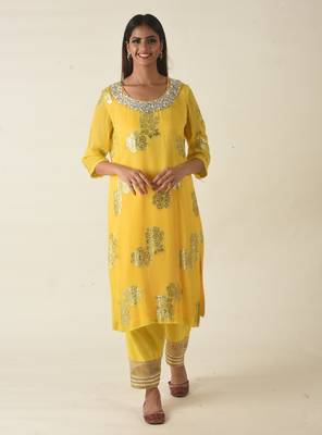 Hand embroidered yellow georgette kurta set 1