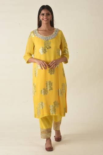 Hand embroidered yellow georgette kurta set