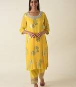 Hand embroidered yellow georgette kurta set