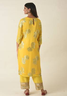 Hand embroidered yellow georgette kurta set 3