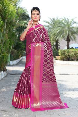 Purple Kanchipuram Handloom Weaving Silk Saree With Rich Contrast Zari Wooven Pallu & Contrast Barcode Blouse 1
