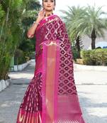 Purple Kanchipuram Handloom Weaving Silk Saree With Rich Contrast Zari Wooven Pallu & Contrast Barcode Blouse