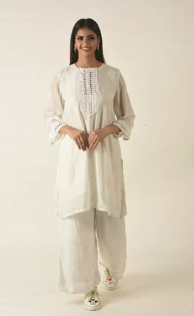 Easy fit kurta in soft voile with lace inserts and fine hand embroidery