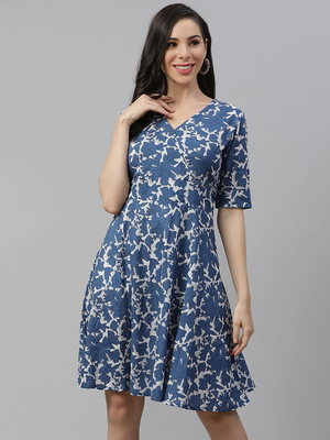 Blue printed cotton short-dresses 1