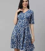 Blue printed cotton short-dresses