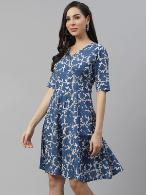 Blue printed cotton short-dresses 3