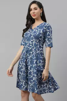Blue printed cotton short-dresses