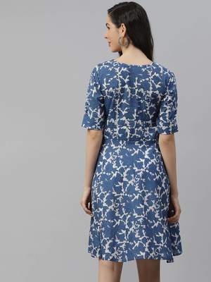 Blue printed cotton short-dresses 4