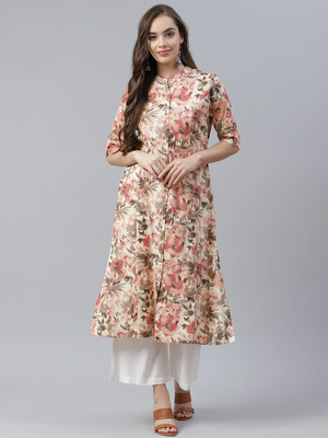 Cream printed cotton long-kurtis 1