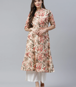 Cream printed cotton long-kurtis