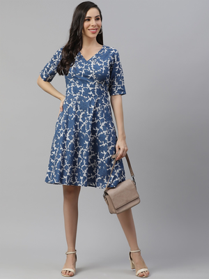 Blue printed cotton short-dresses 5