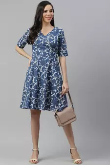 Blue printed cotton short-dresses