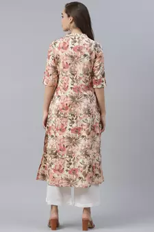 Cream printed cotton long-kurtis