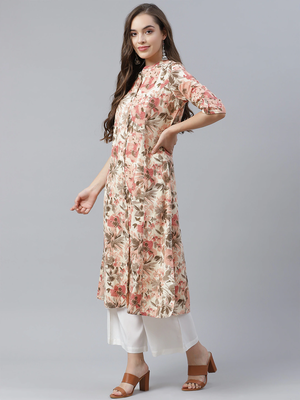 Cream printed cotton long-kurtis 3