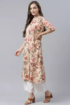 Cream printed cotton long-kurtis