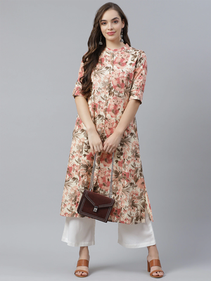Cream printed cotton long-kurtis 5
