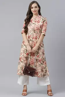 Cream printed cotton long-kurtis