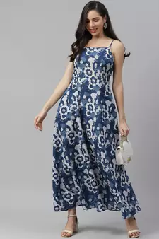 Blue printed cotton maxi-dresses
