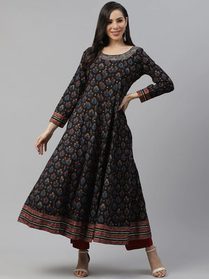 Black printed cotton long-kurtis 1