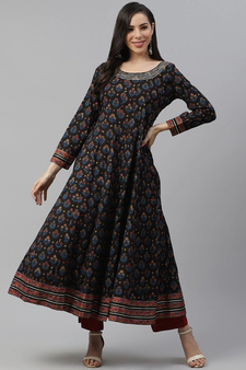 Black printed cotton long-kurtis