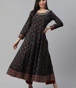 Black printed cotton long-kurtis